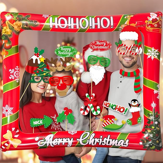 Christmas Photo Booth Props Inflatable Frame, 32Pcs Christmas Party Photo Booth Props with Inflatable Picture Frame Large for Xmas Holiday Party Selfie Supplies