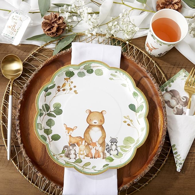 Kate Aspen Woodland Baby Shower Decorations - 78-Piece Baby Shower Plates and Napkins Set with Cups for 16 Guests - Gender Reveal Decorations Forest Animal Theme Party Supplies and Table Decor