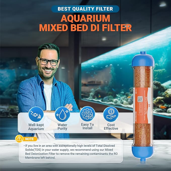 (2 Pack) Mixed Bed Ion Exchange Aquarium Filter Resin 0 PPM RO DI Refillable Housing w/Clamps & Fittings, Compatible with 10" Reverse Osmosis Water Filtration Systems, for High TDS in Water