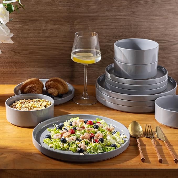 AmorArc Ceramic Dinnerware Set for 4 | Speckled Stoneware Plates and Bowls with unglazed terracotta | Scratch Resistant, Dishwasher & Microwave Safe Dishes Sets- 12-Pcs Gray