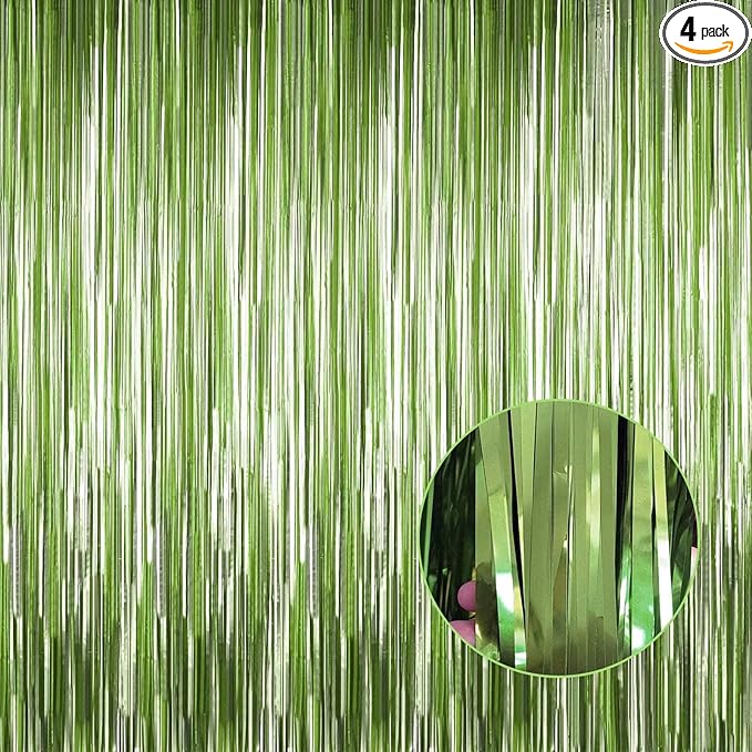 4 Pack Light Green Foil Fringe Curtain Backdrop, 3.28Ft x 8.2Ft Metallic Tinsel Foil Fringe Streamer Curtains for Photo Booth Props, Birthday, Wedding, Christmas Decorations Party Supplies New