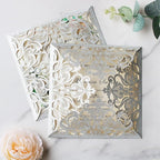 Hosmsua 50PCS Personalized Silver Glitter Laser Cut Wedding Invitation Cards With Envelopes 6.3 x 6.3 Inch Hollow Lace Rose Pocket and for Quinceanera Wedding Invite (Silver Glitter)