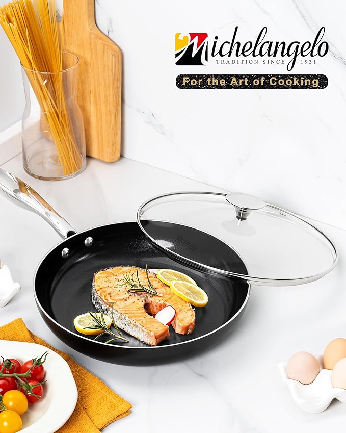 MICHELANGELO Ceramic Frying Pan - 10 Inch Frying Pan Nonstick with Lid, Non-Toxic Skillet with Stainless Steel Handle, Nonstick Skillet, Black