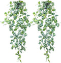 LOYWREE 2 Pack Fake Hanging Plants - Small Potted Plants with Green Eyebrow-Leaf Trailing Vines, Indoor Outdoor Aesthetic Decor for Office, Living Room Shelf & Home Accent (Black Pot)