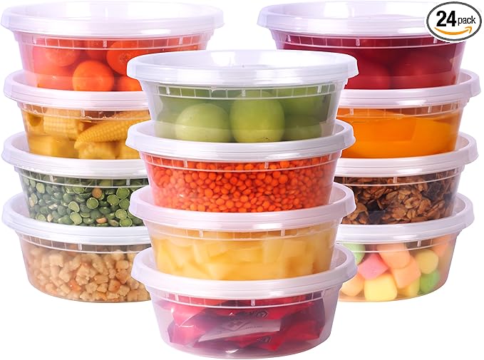Deli Containers with Lids 8 oz. [24 Sets] Plastic Deli Cups, To Go Food Containers