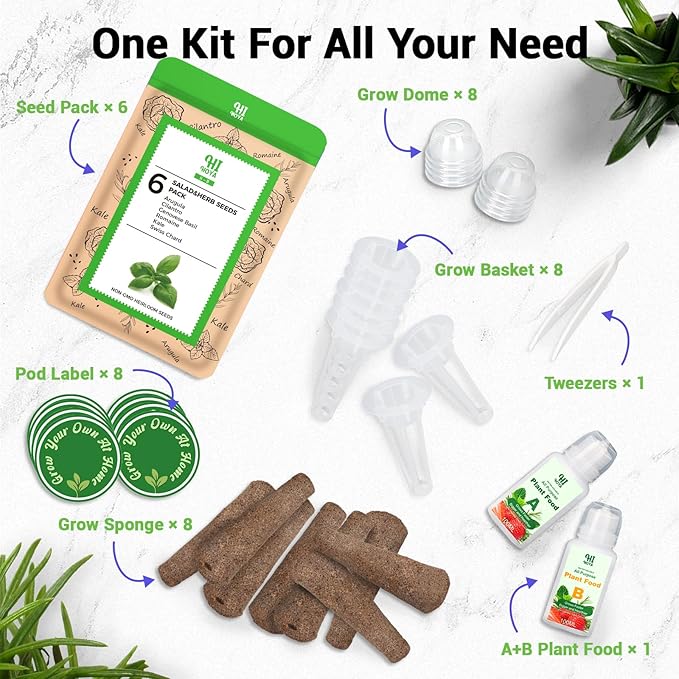 Herb & Salad Greens Seed Pods for All Hydroponics Growing Systems, 8 Pods with 600+ Seeds of Basil, Cilantro, Romaine, Kale, Arugula and Swiss Chard