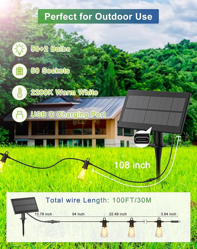Solar String Lights Outdoor Waterproof 100FT with USB Port and 52 Shatterproof ST38 Bulbs(2 Spare), LED Solar Powered Patio Lights for Outside, Porch, Backyard, Gazebo, Garden(Warm White)
