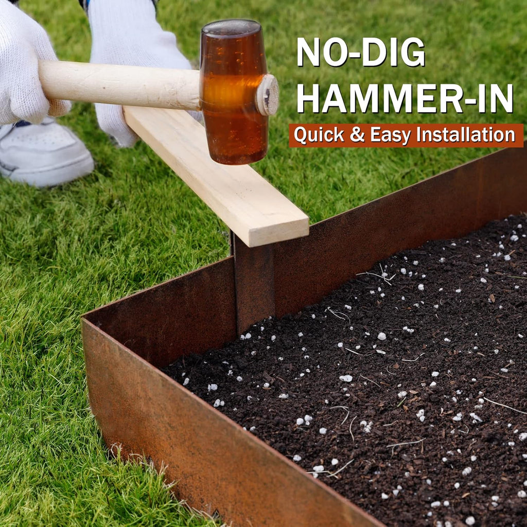 Worth Garden 6 Pack Pre-Rusted Cor-Ten Steel Landscape Edging - 40" L x 5.5" H Each (20ft Total) - No-Dig Hammer-in Heavy Duty 14-Gauge Metal Border w/ 7 Clips & Gloves - Edge for Lawn Yard
