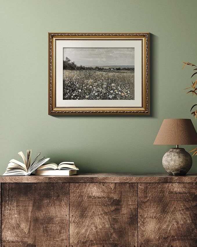 VIYYIEA Gold Framed Wall Art Canvas Print Home Decor Landscape Room Decor Art Meadow with Flowers Vintage Wall Art Decor Modern Farmhouse Decor Cottagecore Prints Bedroom Bathroom Office 13x16in