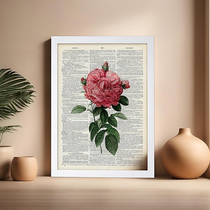 Poster Master Dictionary Art Poster - Pink Roses Print - Flower Art - Floral Art - Gift for Him, Her & Florist - Minimal Decor for Living Room, Bedroom, Dorm or Flower Shop, 16x20 White Framed