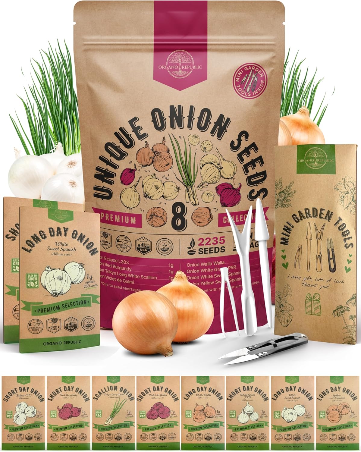 Organo Republic 8 Onion Seeds Variety Pack Heirloom, Non-GMO, Sets for Indoors, Outdoors Gardening. 2200+ Seeds: Walla Walla, Green Onion, Red Burgundy, White & Yellow Sweet Spanish Onions