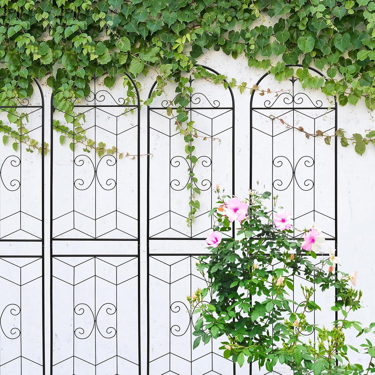 4 Pack Metal Garden Trellis 86.7" Tall Outdoor Climbing Plant Support for Roses, Flowers, Rustproof Durable Black Galvanized Tube, Lawn Garden Fence Decor Screen (4, Castle-86.7" H)