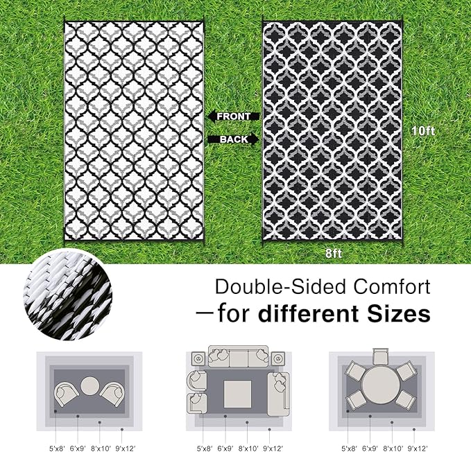 OLANLY Reversible Outdoor Rug 8x10 ft Clearance, Waterproof Outdoor Plastic Straw Rug with Interlacing Pattern, RV Mat for Patio, Camping, Balcony, Deck, Backyard, Black & White