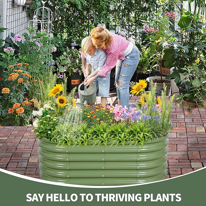 1MORE Galvanized Raised Garden Bed- Planter Garden Boxes Outdoor, Raised Beds for Gardening, 4x2x1.4ft Metal Garden Bed Kit for Vegetables Flower, Planter Raised Bed with Protective Tape & Tools.Green
