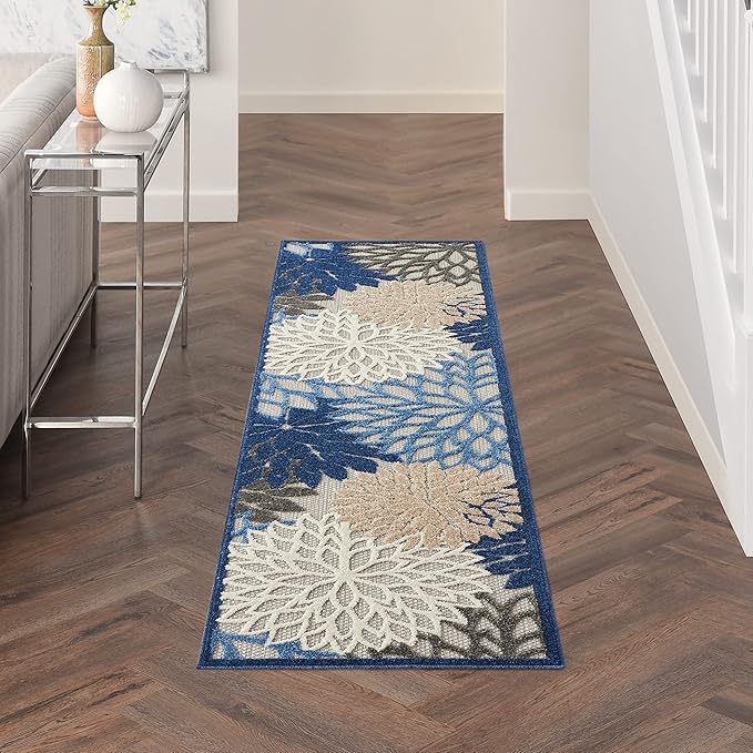 Nourison Aloha Indoor/Outdoor Blue/Multicolor 2' x 6' Area Rug, Tropical, Botanical, Easy Cleaning, Non Shedding, Bed Room, Living Room, Dining Room, Deck, Backyard, Patio (2x6)