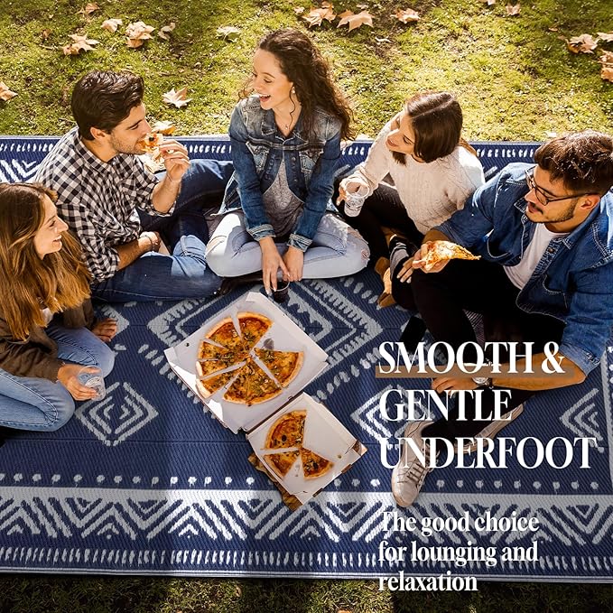 OMERAI Reversible Waterproof Outdoor Rug for Backyard,Plastic Textured Resistant Outdoors Rugs,Portable Washable Easy Cleaning Foldable Camping Beach Carpet for Patio Courtyard, 5'x8' Blue & White