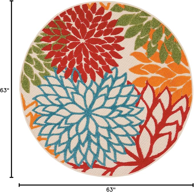 Nourison Aloha Indoor/Outdoor Green 5'3'' x Round Area-Rug, Tropical, Botanical, Easy-Cleaning, Non Shedding, Bed Room, Living Room, Dining Room, Deck, Backyard, Patio (5 Round)