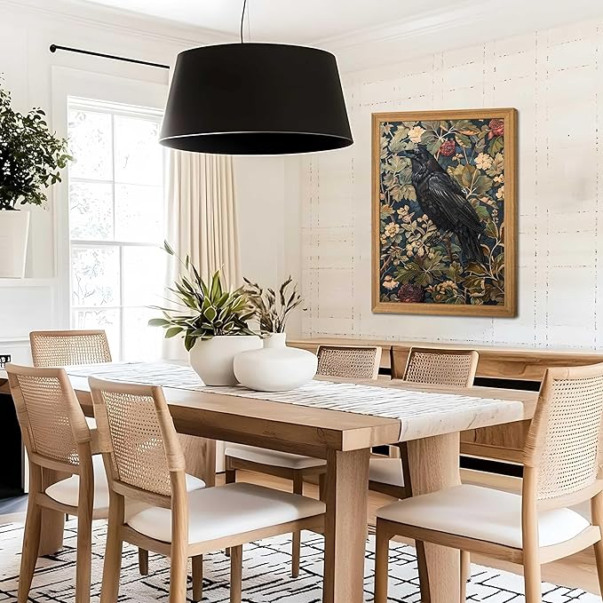 Framed 3D Textured Vintage Wall Art - Dark Academia Decor Hand Drawn Sandstone Black Crow Paintings with Botanical Florals, Aesthetic Wall Decor for Living Room Bedroom Home 24x36 inch