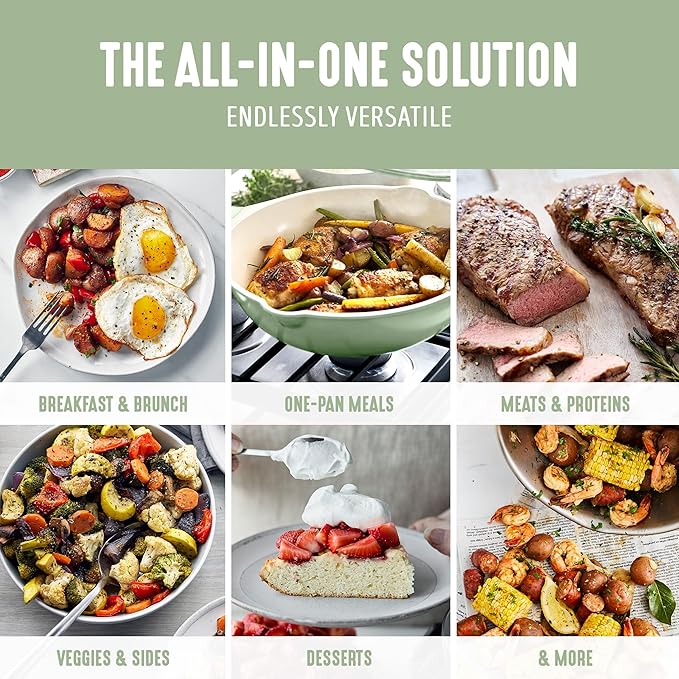 GreenLife Nonstick 12” (5QT) All in One Deep Skillet Wok with Lid, PFAS-Free Non-Toxic Ceramic Multi-Purpose Pan, Induction, All Stovetop, Egg, Stir Fry, Saute, Stay Cool Handle, Sage Green