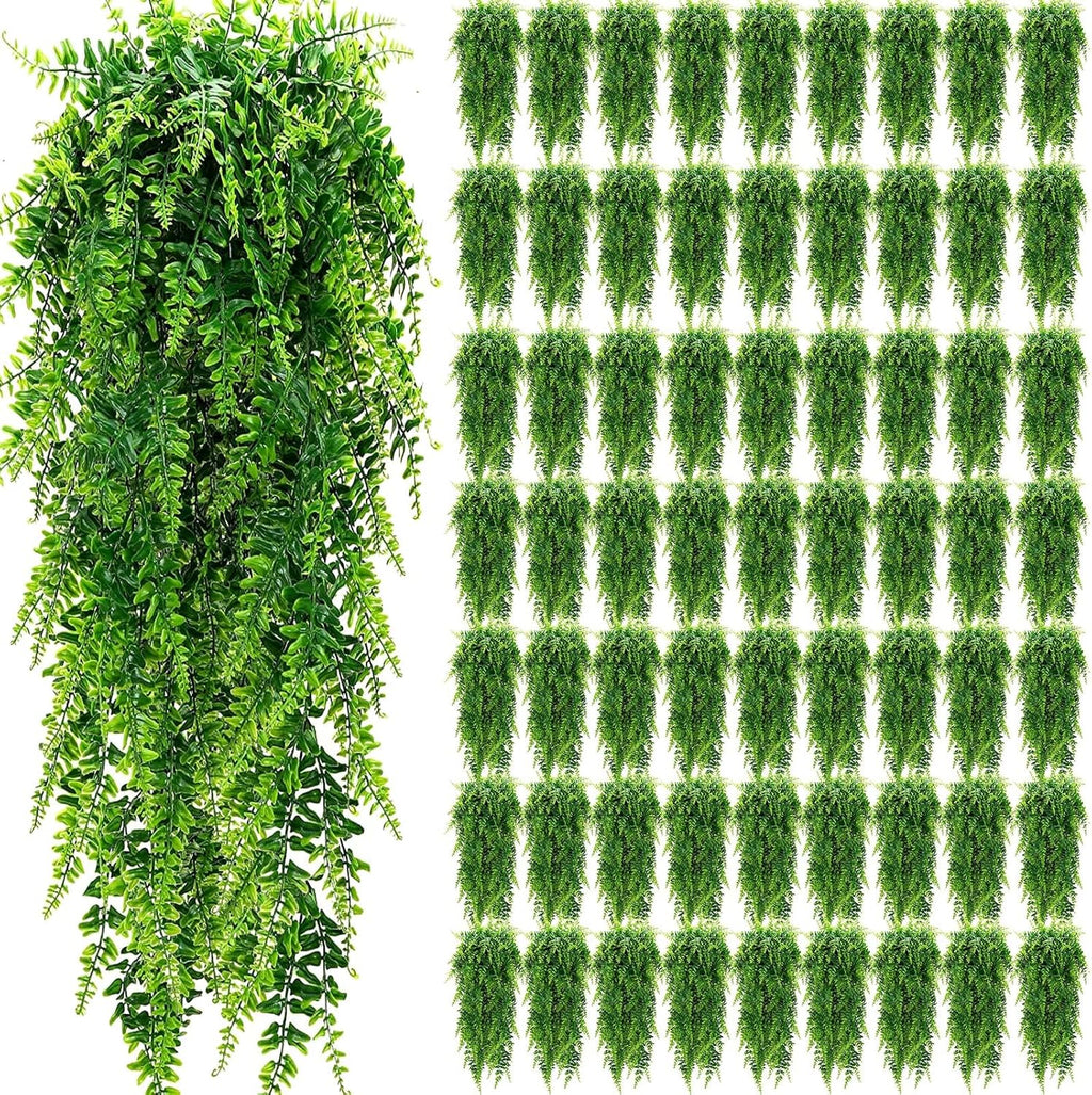 Geosar 64 Pcs Artificial Hanging Plants 32 Inch Hanging Boston Ferns Plastic Fake Plants for Wall Room Garden Wedding Garland Indoor Outdoor Decoration, No Basket