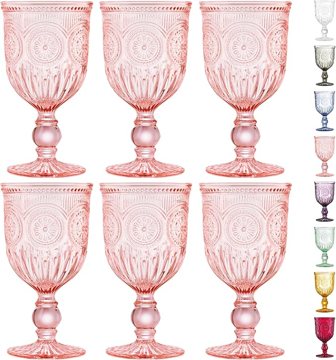 Yungala Pink Wine Glasses, set of 6 pink goblets handcrafted from pink glass (not painted or coated) ensuring your glassware is dishwasher safe and the color won't peel or chip.