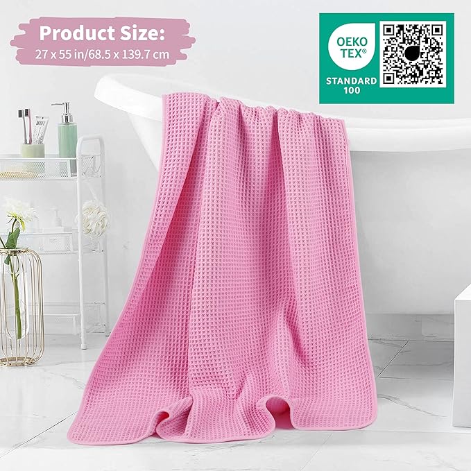 Microfiber Waffle Bath Towels, 4 Pieces, Soft, Absorbent, Fast Drying, Lint Free (Pink)