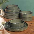 Gibson Elite 12 Piece (Service for 4) Townscape Plates and Bowls Reactive Glaze Embossed Round Dishes Terracotta Ceramic Dinnerware Set - Dark Green