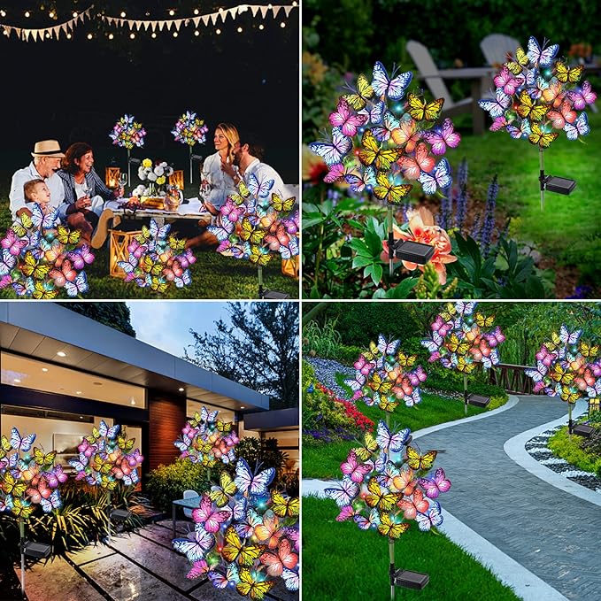 Solar Garden Lights Outdoor Waterproof Decorative Solar Lights Outdoor 2 Pack with 44 LED 34 Butterfly Flower Garden Decor Yard Patio Lawn, Gifts for Mother's Day Mom Women