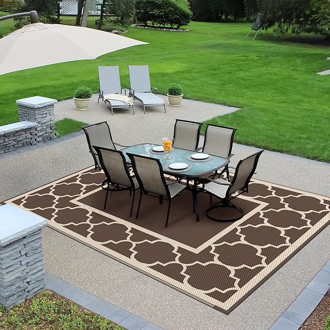 GENIMO 9' x 12' Outdoor Rug Waterproof for Patio Decor, Foldable Reversible Plastic Straw Area Rugs Mat for Camper, Outside Carpet for Rv, Deck, Porch, Picnic, Beach, Balcony, Coffee & Beige