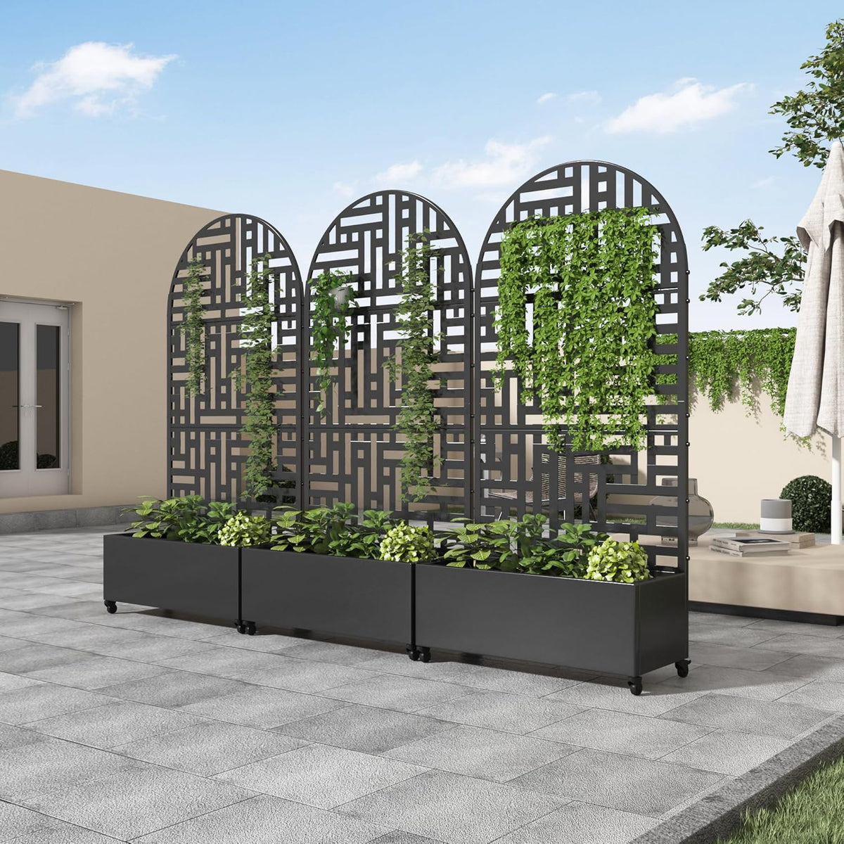 Casaphoria Metal Raised Garden Bed with Trellis and Wheels, 72"x35"x16" Arched Planter Box for Climbing Plants, Vegetables & Vines, Features Drainage Holes and Privacy Screen (Black-Helen)