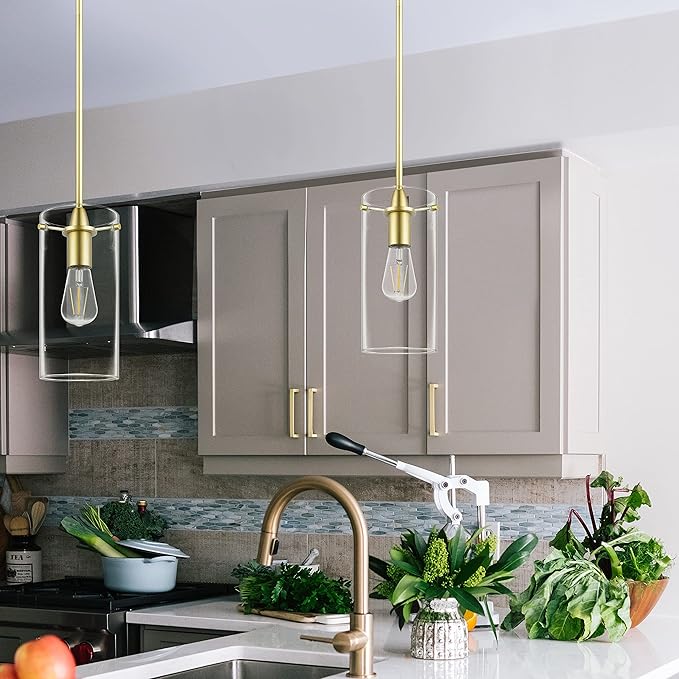 Satin Brass Pendant Lights Kitchen Island - Large Clear Glass Pendant Light Fixture