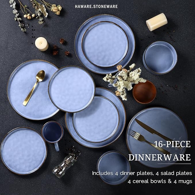 HaWare Dinnerware Sets, 16-Piece Stoneware Plates and Bowls Set, Elegant Ceramic Dish Set for 4, Chip and Scratch Resistant, Microwave and Dishwasher Safe, Reactive Blue