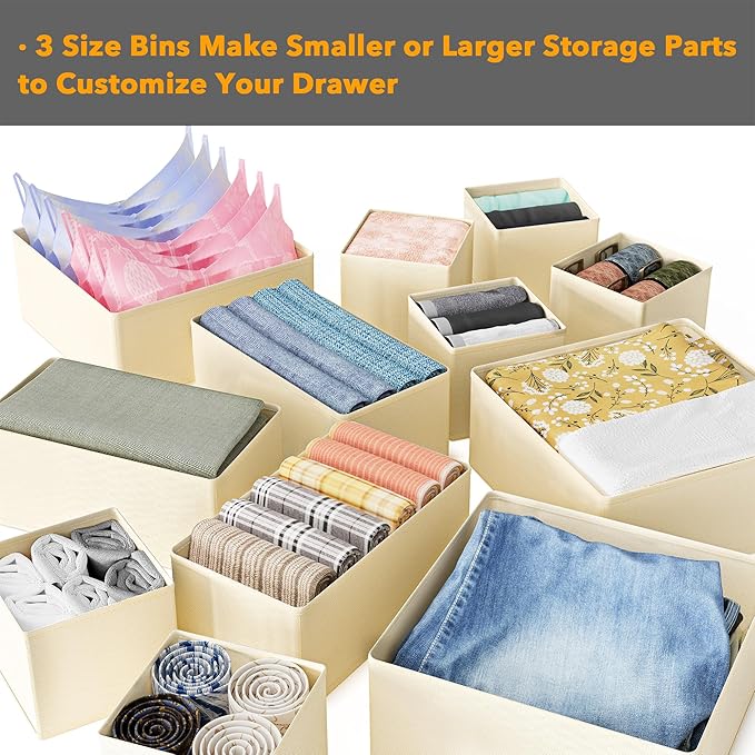 SpaceAid Drawer Organizer Clothes, 12 Pack Dresser Organizer Bins for Nursery, Closet Organization and Storage Dividers for Clothing, Baby Clothes, Underwears, Socks (Beige)