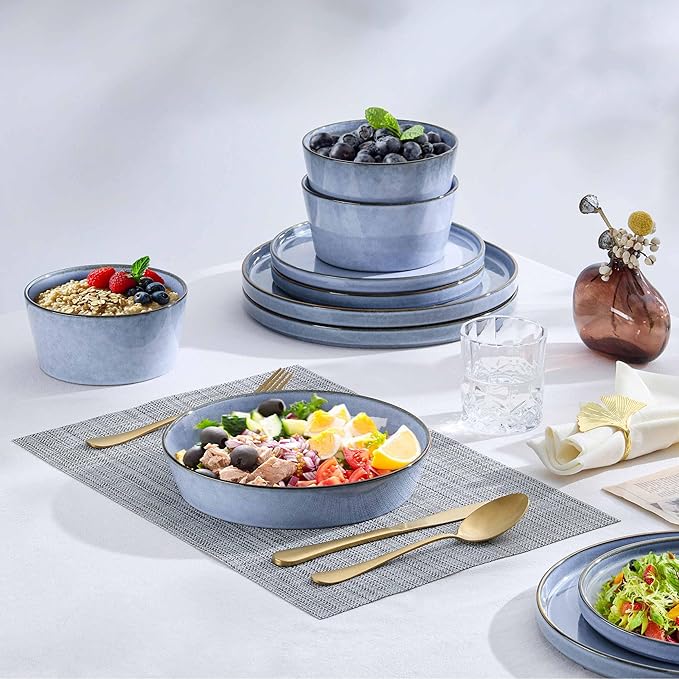 Herogo Dinnerware Sets with Pasta Bowls for 4, 16 Piece Dinner Salad Plates and Cereal Serving Bowls, Stoneware Dishes Dinner Ware for Home Kitchen, Dishwasher & Microwave Safe, Haze Blue