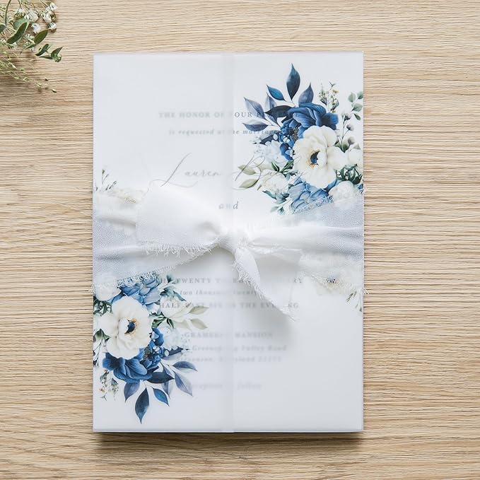 PONATIA 50PCS Vellum Jackets for 5x7 Invitation Cards- 135GSM Dusty Blue Flowers Vellum Sleeves, Wedding Invitations Wraps - Transparent Christmas Gift Cards Jackets