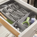 Spectrum HEXA 5-Divider Expandable Silverware Tray (Stone Gray) - In-Drawer Organizer for Kitchen Accessories, Cutlery, Knives, & More / Easy-to-Clean Home & Apartment Essential