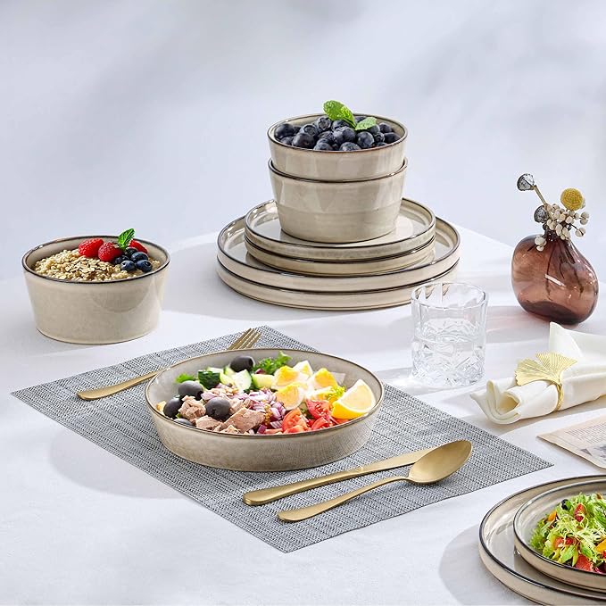 Herogo Dinnerware Sets with Pasta Bowls, 16 Piece Plates and Bowls Set for 4, Modern Stoneware Dinner Dishes for Kitchen Dinning, Dishwasher & Microwave Safe, Cream Khaki