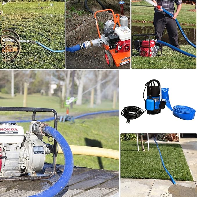 DAVCO 2" x 100 ft Pool Backwash Hose, Heavy Duty Reinforced Blue PVC Lay Flat Water Discharge Pump Hoses For Swimming Drain Pools and Clean Filters,with 1 Clamp
