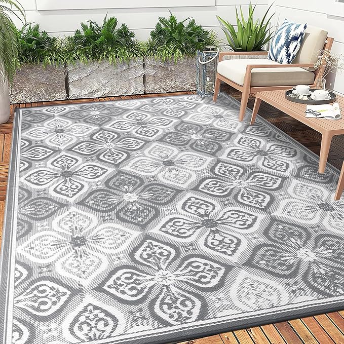Pauwer Waterproof Outdoor Rug 9x12, Reversible Plastic Straw Patio Camping Rug, Indoor Outdoor RV Mat Carpet for Deck, Camper, Porch, Balcony, Backyard, Picnic, Clover Grey