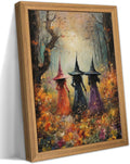 Framed Vintage Halloween Witch Wall Art – Halloween 3D Texture Witches Pictures Fall Decor for Living Room, Mysterious Forest Witchy Sandstone Aesthetic Art Prints for Bedroom Kids Room – 12x16in