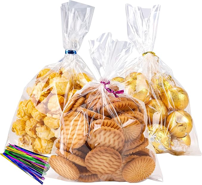 LOKIQNG Cellophane Bags Plastic Treat Bag Clear Cookie Candy Bags with Twist Ties for Party Favor Bag(100 Pack, 5x7inch)