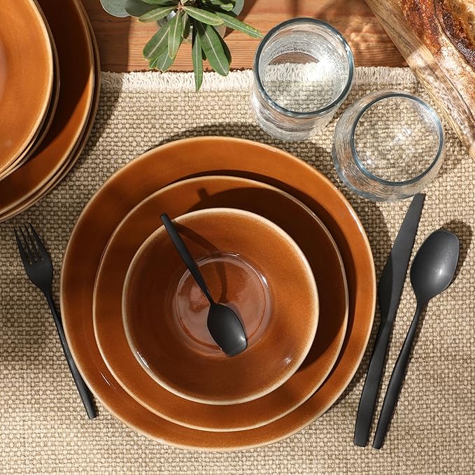 Bloomhouse Montecito Breeze 16 Piece (Service for 4) Double Plates and Bowls Stoneware Reactive Glaze Dinnerware Set - Terracotta Canyon