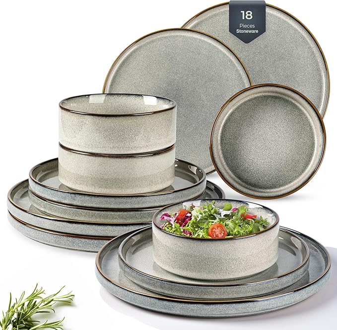 GBHOME Ceramic Dinnerware Sets for 6, 18 Pieces Stoneware Plates and Bowls Sets, Reactive Glaze Stackable Dish Set -Scratch Resistant, Dishwasher&Microwave Safe
