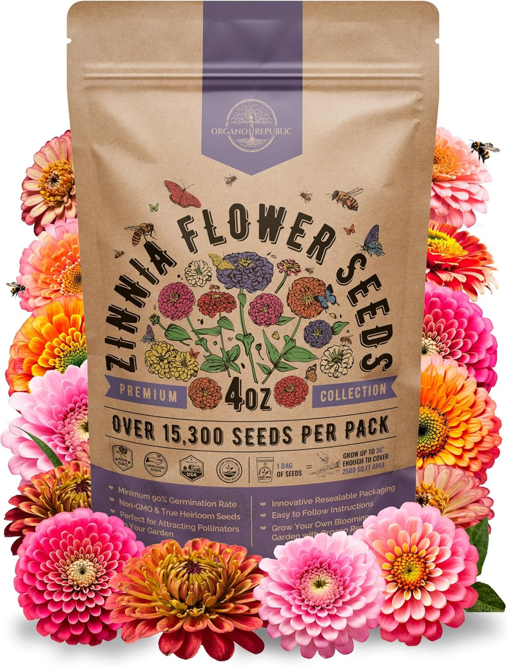 Zinnia Seeds Pack 4 oz - Over 15,300 Non-GMO Heirloom Zinnia Seeds for Planting, Annual Flowers in Individual Seed Packet for Planting Home Garden Indoor & Outdoor Gardening