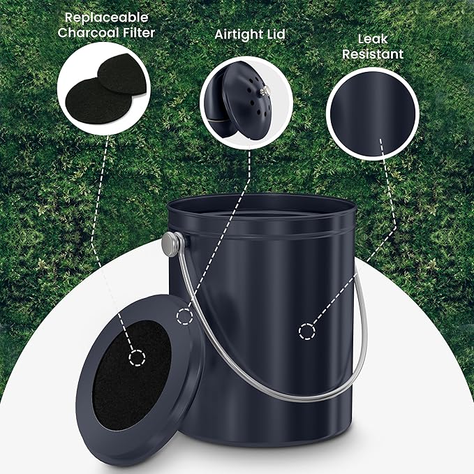 Utopia Kitchen Compost Bin for Kitchen Countertop, 1.3 Gallon Compost Bucket for Kitchen with Lid, Includes 1 Spare Charcoal Filter (Dark Purple)