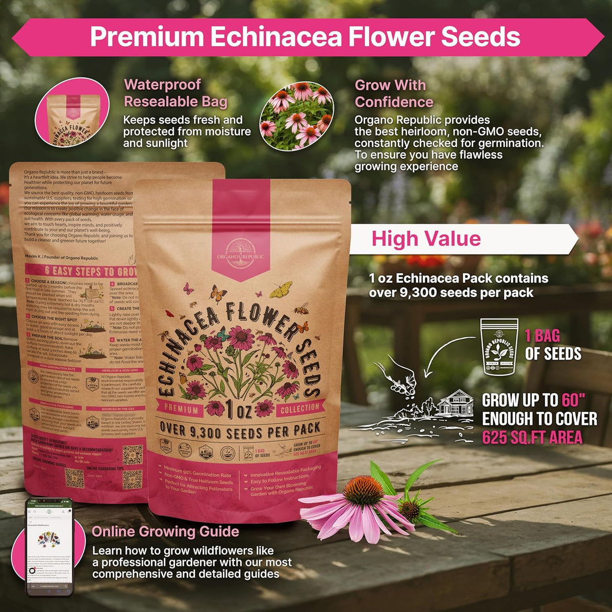 Organo Republic Echinacea Seeds Pack 1 oz - Over 9,300 Non-GMO Heirloom Echinacea Seeds for Planting, Perennial Flowers in Individual Packet, Coneflower for Planting Indoor & Outdoor Garden