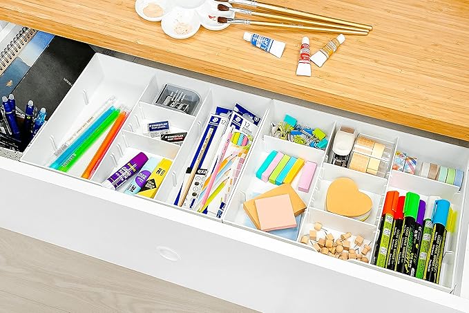 CAXXA 3 Slot Drawer Organizer with 4 Adjustable Dividers - Drawer Storage 7 Compartments Junk Drawer Organizer for Office Desk Supplies and Accessories, White