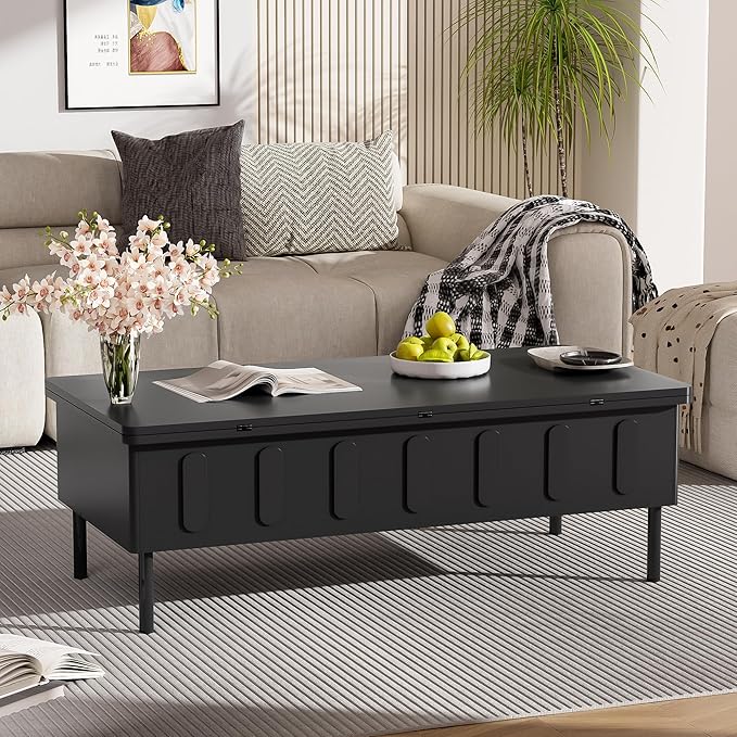 WILLIAMSPACE 43.3" Rectangular Lift-Top Coffee Table with 2 Drawers, Modern Center Table with Foldable Top, Multi-Functional Adjustable Dining Table with Storage Compartment for Living Room, Black