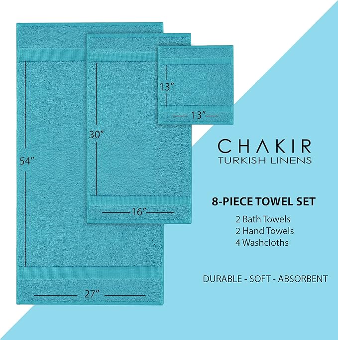 Chakir Turkish Linens | Hotel & Spa Quality 100% Cotton Premium Turkish Towels | Soft & Absorbent (8-Piece Towel Sets, Aqua)
