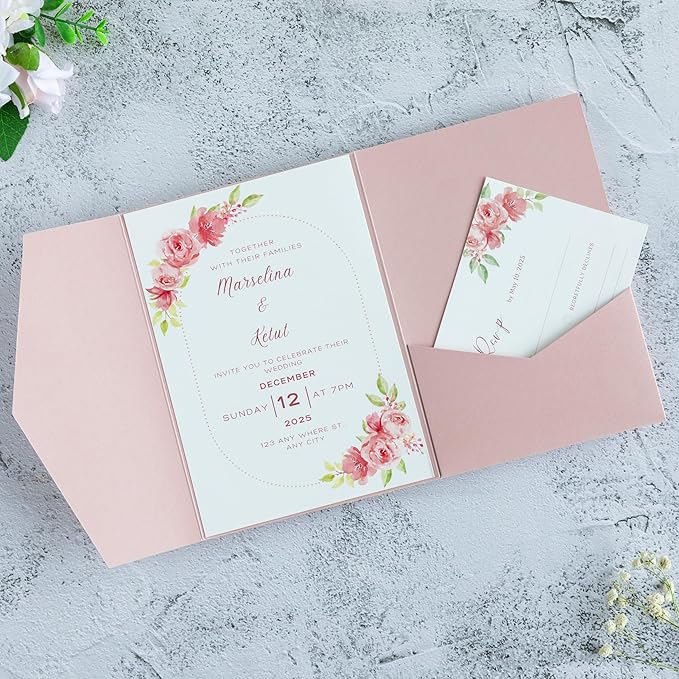20 PCS Blush Pink Tri-fold Laser Cut Wedding Invitation Pockets for 5x7 Wedding Cards Bridal Shower Engagement Quinceanera Invitation